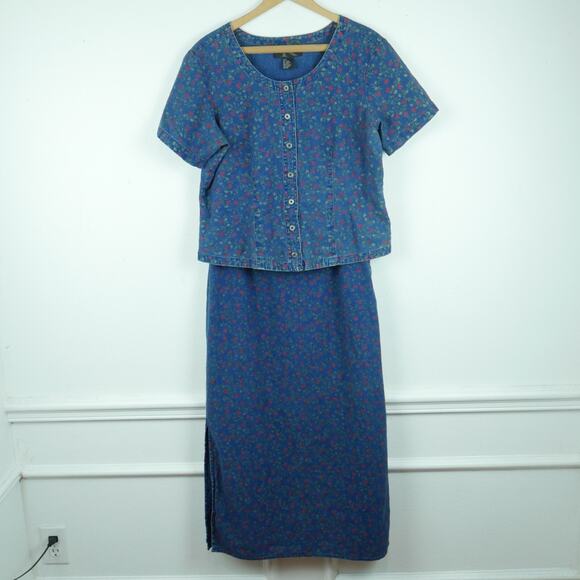 Vintage M L Top Skirt Set Linen Blend 90s Cottagecore Midi Floral Prairie Modest - Picture 1 of 11